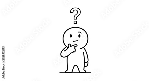 Thoughtful Cartoon Character with Question Mark Above Head on Isolated White Background