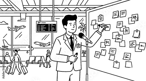 Professional Speaker Presenting Planning Board at Airport