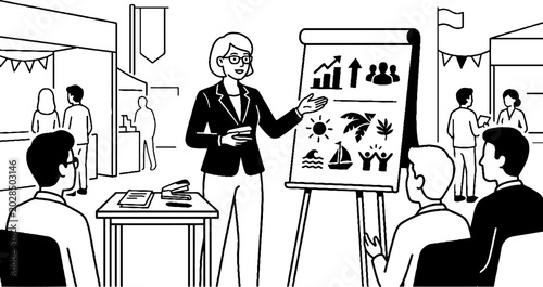 Business woman presenting data charts at outdoor conference