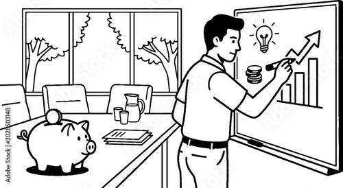 Financial planner drawing growth charts on whiteboard