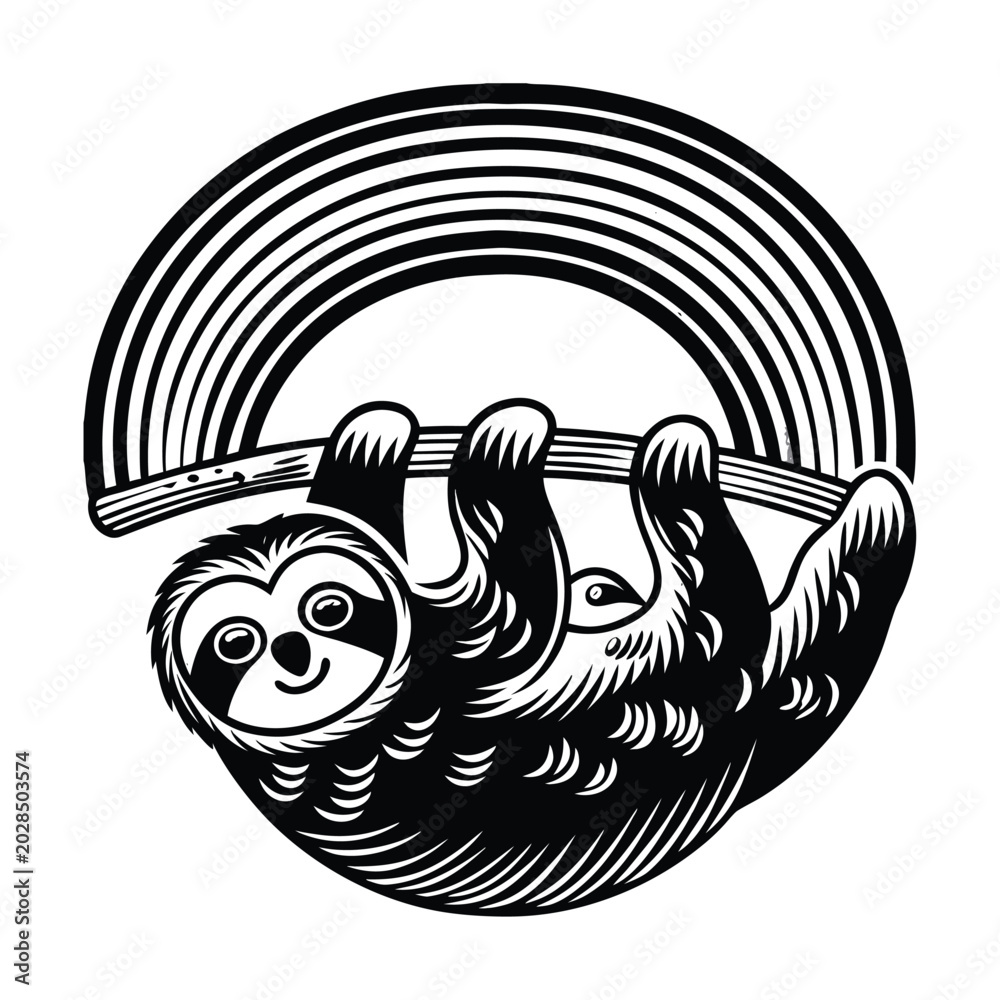 Fototapeta premium Black and white sloth hanging from rainbow, vector illustration, monochrome animal design, cute cartoon character