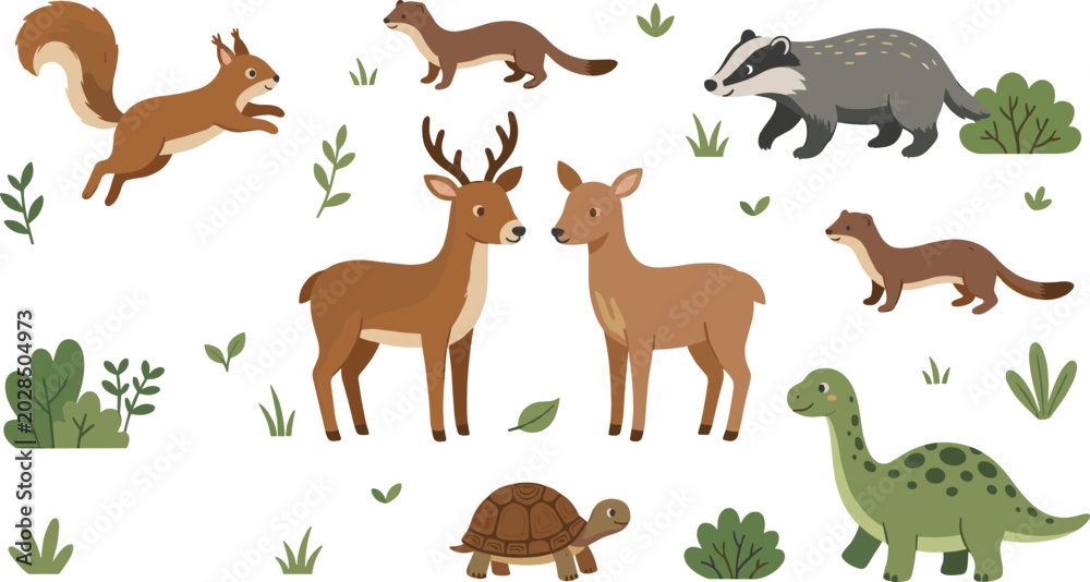 Obraz premium Cute Cartoon Forest and Prehistoric Animal Vector Set with Squirrel Deer Badger Weasel Turtle Dinosaur and Bushes for Children Education Layouts