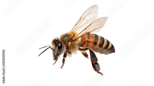 Canvas Print A macro shot of a wild striped honey bee insect worker flying dynamically isolat