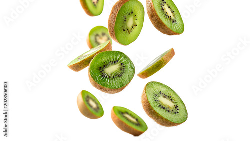 Photos Multiple fresh green organic kiwi fruit slices falling dynamically in the air is