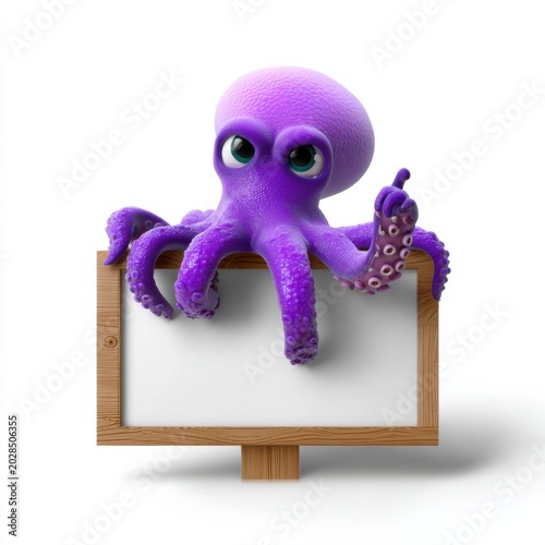 Purple octopus cartoon holding wooden blank sign with white board