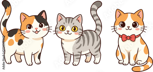 Cute cartoon cats vector set featuring calico, grey tabby, and ginger kittens with big eyes isolated on white background