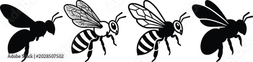 Side view flying honey bee vector set featuring solid black silhouettes, detailed line art, and simplified icon designs for branding