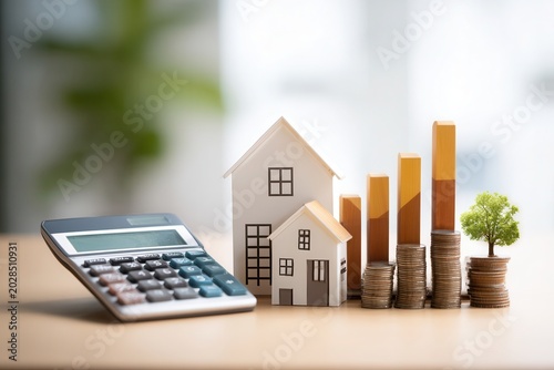 House property investment growth with calculator and coins