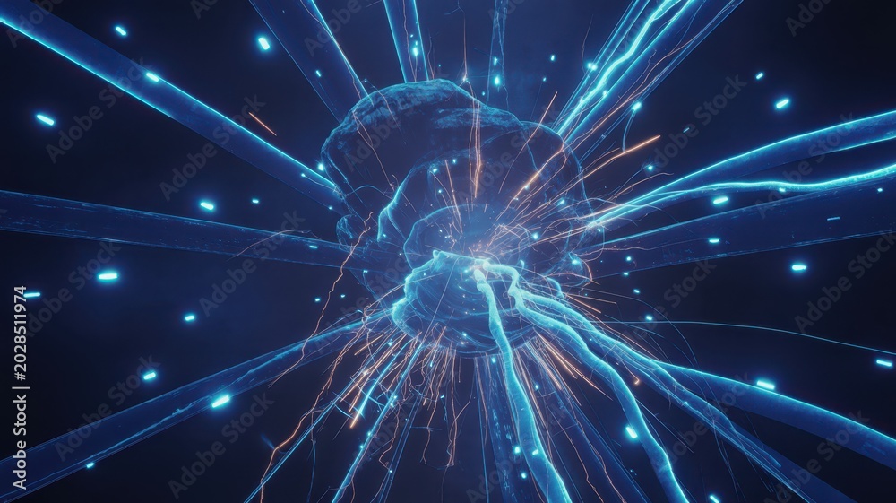 Obraz premium Abstract Digital Neural Network Visualization with Dynamic Light Trails