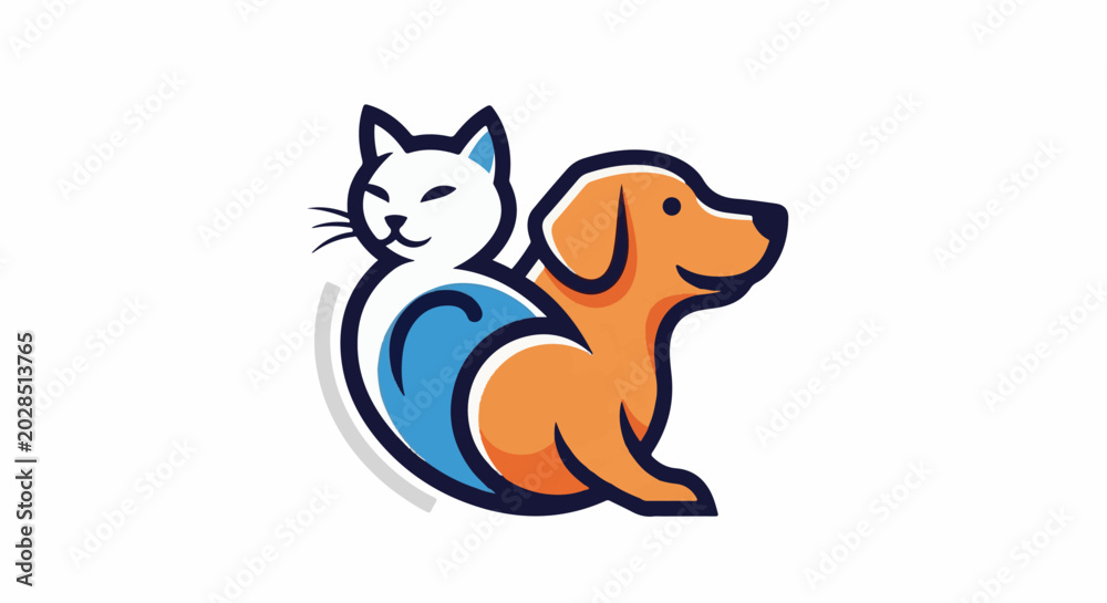 Naklejka premium Stylized cartoon cat and dog figures, white cat with blue accents, orange dog
