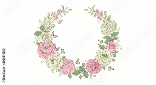 Soft pastel floral wreath with delicate butterflies, framed by roses and hydrangeas