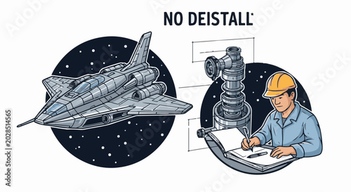Spacecraft design visualized by an engineer in a helmet, working on blueprints
