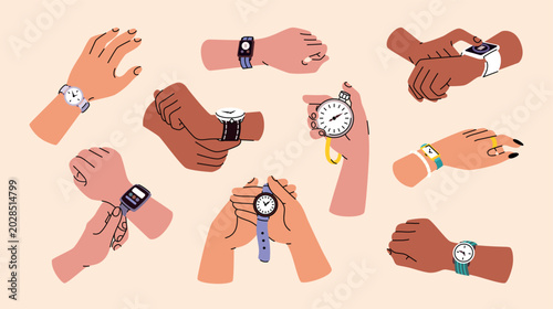 Cartoon icons and stickers of human hands with wristwatch and bracelets. Illustration of arms putting on wristwatch. Hands with fashionable expensive luxury watches. Classic mechanical accessories. 