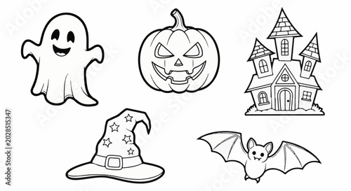 Spooky and festive black and white outlines of Halloween icons, perfect for coloring