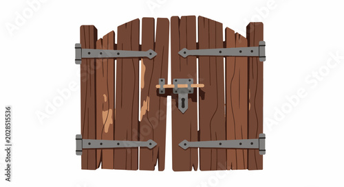 Rustic wooden double doors with metal hinges and latch