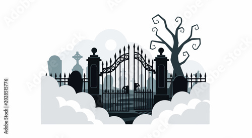 Spooky cemetery gate with ornate fencing, gravestones, and a gnarled tree under a cloudy sky