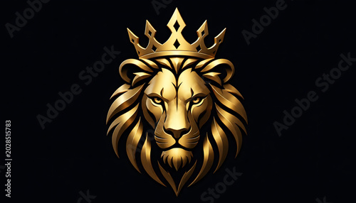 Golden lion head with crown on black background symbolizing royalty and power