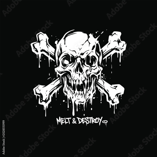 Melting Skull and Crossbones Graffiti Vector with Text 'Melt & Destroy' on Black Background