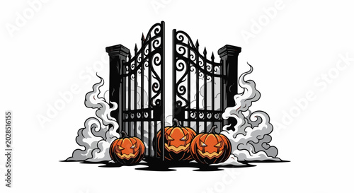 Spooky Halloween scene with jack-o'-lanterns and an ornate gate shrouded in mist