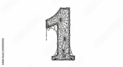 Spooky number one covered in cobwebs with dripping dew or slime