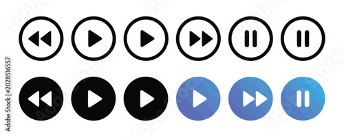 Obraz na płótnie Set of media player control vector icons on transparent background, play, pause, next, back buttons