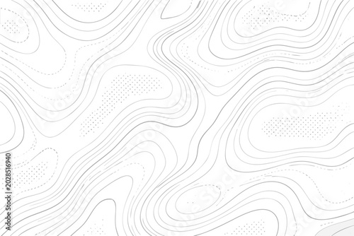 Abstract topographic map background with grey contour lines and stippled dot patterns on a white surface. Minimalist vector illustration for geography, terrain, and modern graphic design projects.