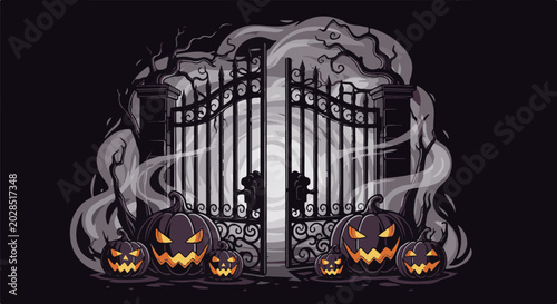 Spooky pumpkins greet visitors at an ornate gate, shrouded in mist and bare branches