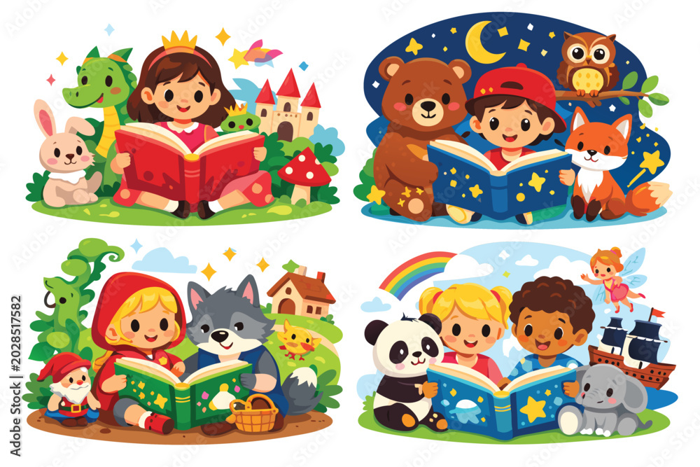 Fototapeta premium Set of four cute cartoon illustrations of children reading fairytale books with animals and magic characters like a dragon, wolf, bear, and fairy, ideal for kids education, storytelling, and library.