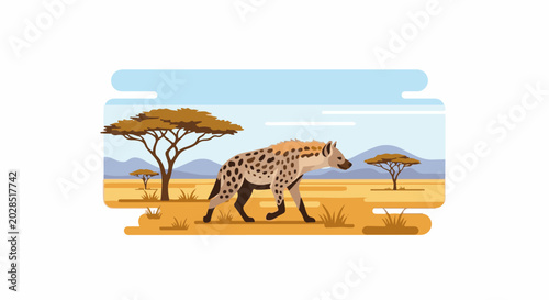 Spotted canine walks across African savanna landscape under acacia trees