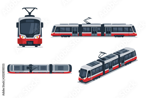 Set of modern red and grey tram vector illustrations showing front, side, top, and isometric views of a contemporary urban light rail vehicle for public transportation and city transit projects.