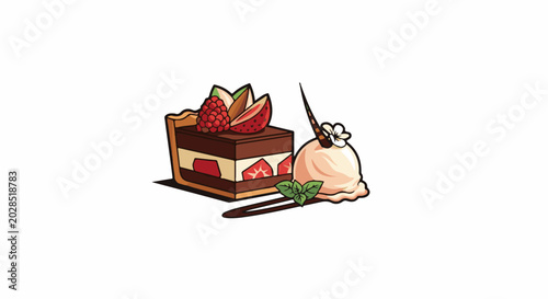 Slice of chocolate cake with berries and a scoop of vanilla ice cream