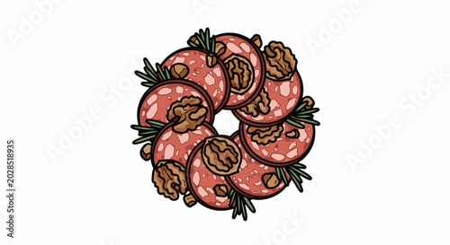 Sliced cured meat and nuts artfully arranged with herbs