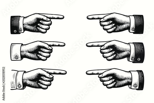 Detailed set of six vintage engraving style pointing hand silhouettes in black on white background featuring various cuff designs for directional signs fingers index pointing left and right icons.