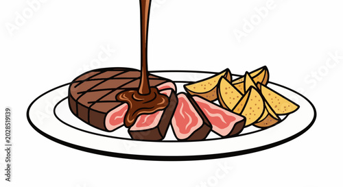 Sliced grilled steak with crispy wedges and rich brown sauce being poured