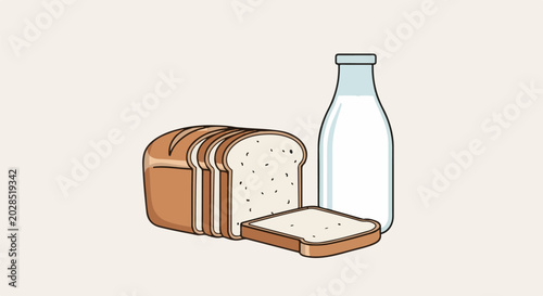 Sliced loaf of bread with a single slice in front and a bottle of milk