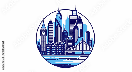 Stylized circular emblem showcasing a vibrant city skyline with iconic structures and a bridge over water