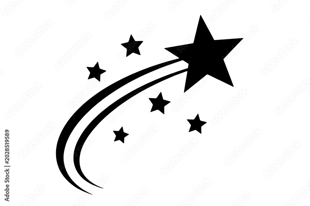 Fototapeta premium Shooting star silhouette with curved trails and small stars isolated on transparent background