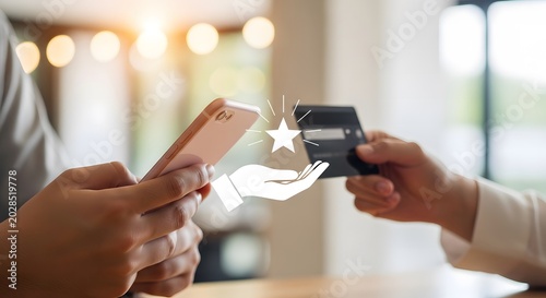 Customer holding a mobile phone and credit card receiving a digital star reward for a successful payment transaction.