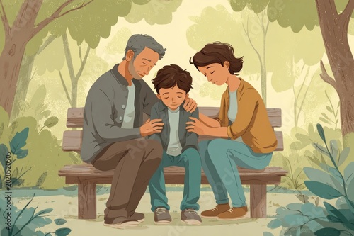 Parents comforting child after small fall, empathy and care concept, park setting, emotional realism