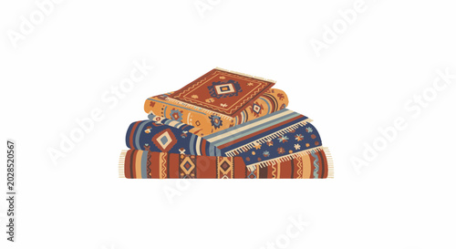 Stack of intricately patterned woven textiles with fringed edges in earthy tones