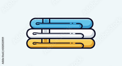 Stacked bath towels in blue, white, and yellow, with crisp outlines