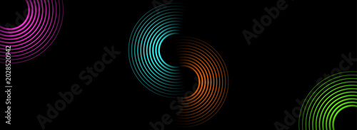 Canvas-taulu Abstract geometric dark background with vibrant semicircle line patterns in the corners