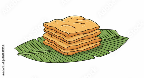 Stacked crispy flatbreads on a large green leaf