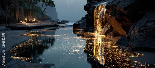 Illuminated waterfall cascading into a reflective pool on a moody, serene shore