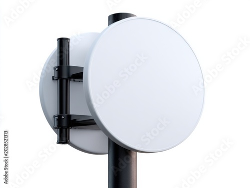 Round parabolic microwave antenna dish on pole, white minimal