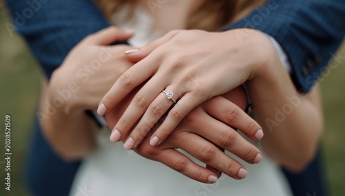 Close up of newly engaged couple holding hands showing off sparkling diamond engagement ring on female finger