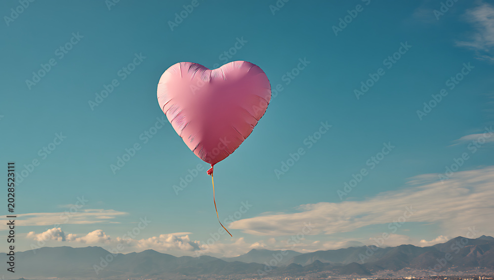 Fototapeta premium A pink heart-shaped balloon floating in the clear