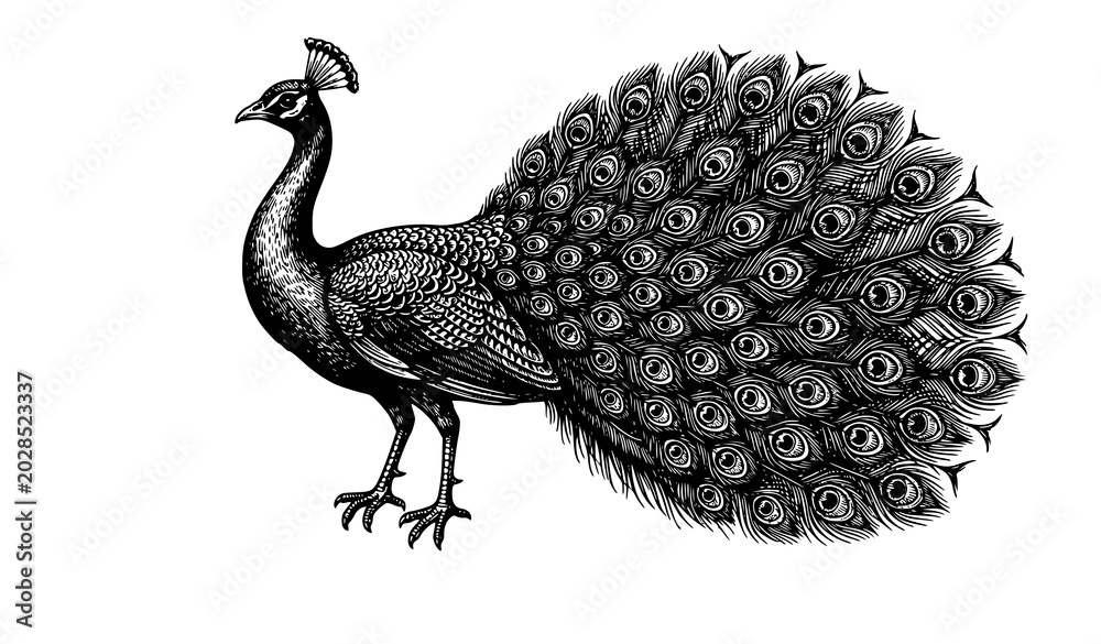 Fototapeta premium Classic Antique Peacock Illustration with Decorative Feather Engraving Vector