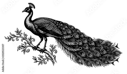 Fotografie Vintage Peacock Hand Drawn Engraving Vector Illustration