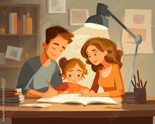 Parents helping child with homework at wooden desk, warm desk lamp glow, education support theme
